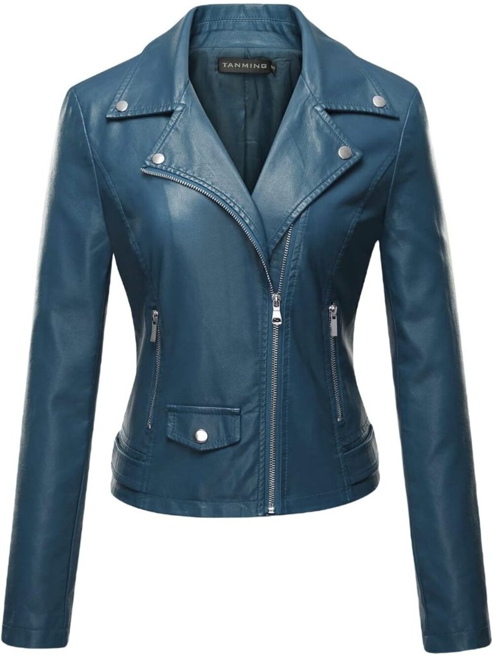 Women's Blue Faux Leather Moto Biker Jacket Slim Fit Zip Up Casual Short Coat